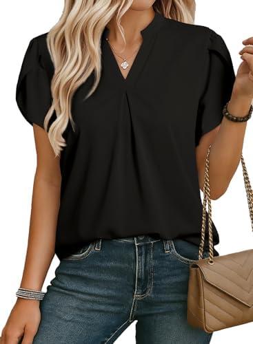 EVALESS Women's Dressy Casual Business Work Chiffon Blouses Tops Summer V Neck Cute Loose Petal Short Sleeve T-Shirts, Size: 2XL