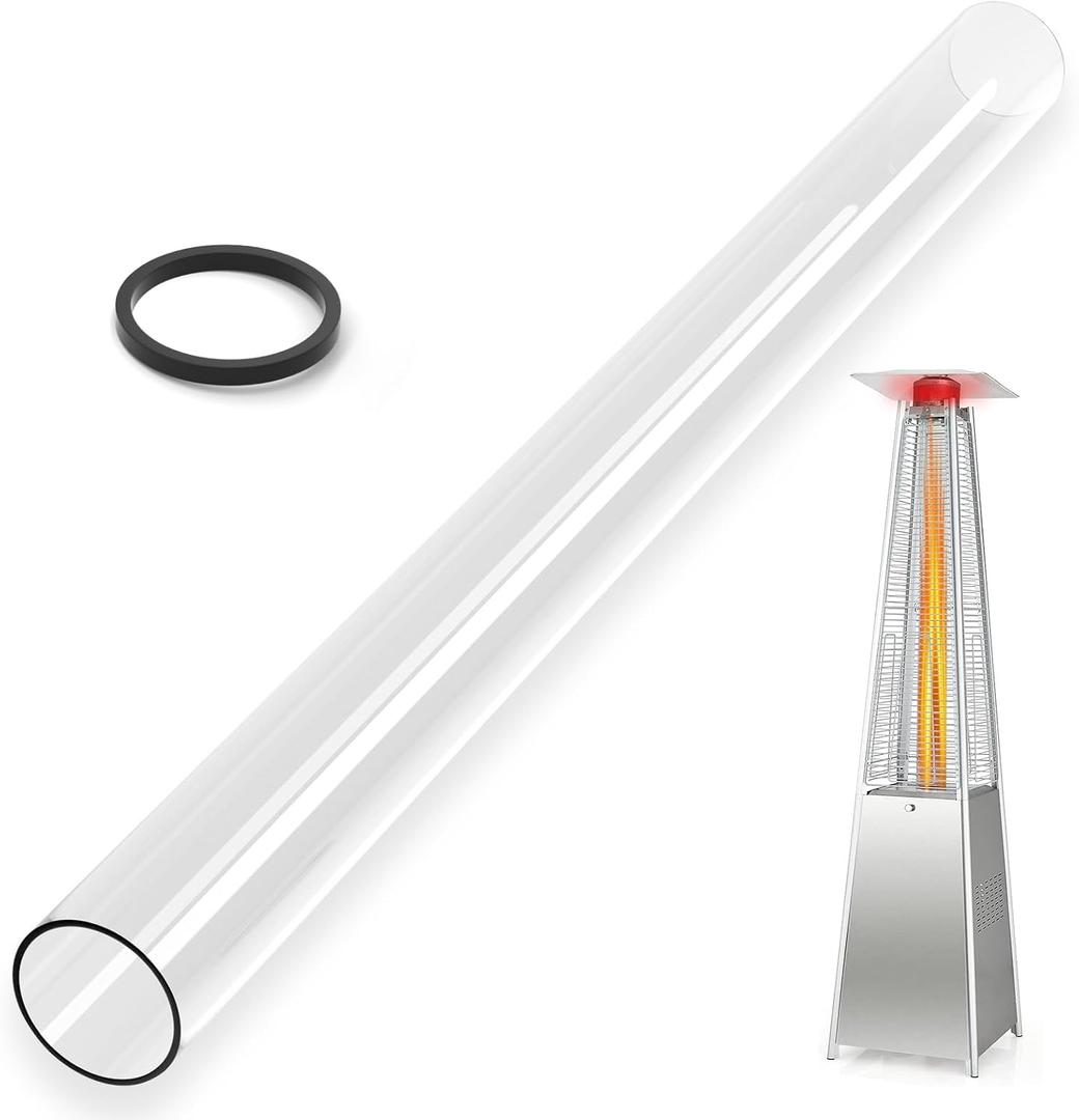 Patio Heater Glass Tube Replacement with Rubber Ring, 49.5 Tall 4 Diameter, Quartz Glass Tube Fit Four-Sided Pyramid Flame Outdoor Heaters Compatible with Hiland, Fire Sense
