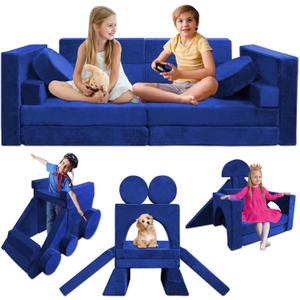 Kayfia 18PCS Modular Kids Play Couch, Kids Couch Building Fort for Playroom and Bedroom Furniture for Toddlers, Unlimited Creativity Sofa Convertible Play Fort (Blue)