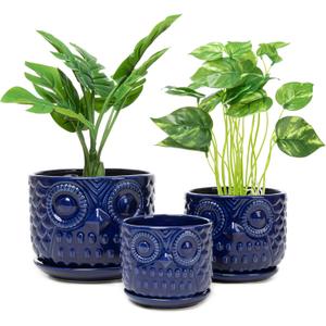Ceramic Flower Pots, Ceramic Planters with Drainage Hole and Saucer, Modern Round Indoor Succulent Planters with Owl Design, Small to Medium-Sized, Set of 3, Navy Blue