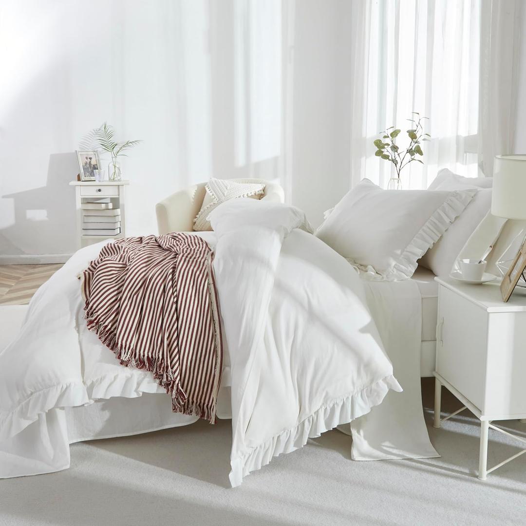 Brandream Duvet Cover Set King/Cal. King Size 100% Washed Cotton Linen Feel Super Soft Comfortable Chic Lightweight 3 PCs Home Ruffled Fringe Minimalist Bedding Set Solid White