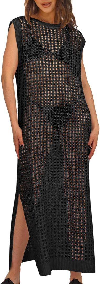 Saodimallsu Womens Crochet Swimsuit Coverup Summer Sleeveless Hollow Out Knit Crewneck Side Split Long Beach Dress (Large, Black)