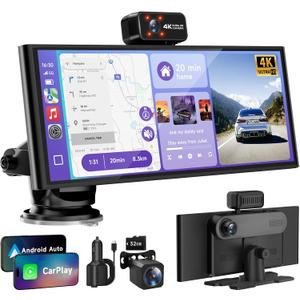 CarPlay Screen for Car Tablet Android Auto Smart Screen for Car, 4K Dash Cam Portable Car Play with 3 Channel Camera,10.26 Wireless Display with FM Radio Stereo Bluetooth 5.2, 32GB TF Card Black