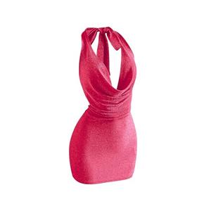 SOLY HUX Women's Shiny Deep V Neck Halter Bodycon Mini Dress Sleeveless Cocktail Prom Pencil Dresses Hot Pink X-Small