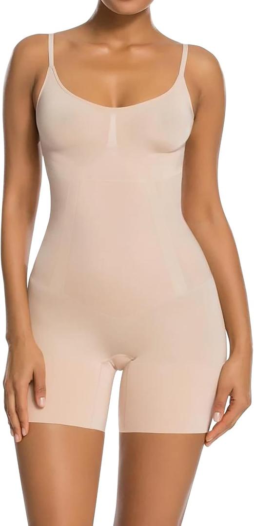 SHAPERX Women's Shapewear Bodysuit Smoothing Tummy Control Body Shaper with Adjustable Straps Comfortable Mid-Thigh Shorts, XL