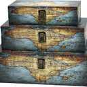 Jolitac Wood Storage Box Set of 3, Vintage Decorative Nesting Boxes Wooden Treasure Storage Crates With Latch, Home Decor Rustic Antique Boxes With Lid for Photos, Jewelry, Cash (Rectangle- Map)