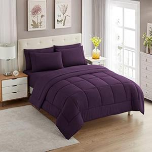 Sweet Home Collection 3 Piece Comforter Set Bag Solid Color All Season Soft Down Alternative Blanket & Luxurious Microfiber Bed Sheets, Purple, Queen