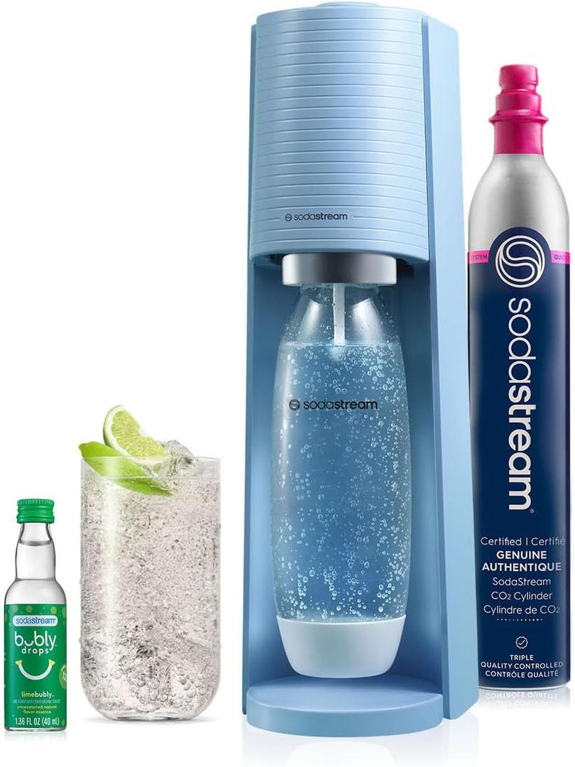 SodaStream Terra Sparkling Water Maker (Misty Blue) with CO2, DWS Bottle and Bubly Drop (Starter Kit)
