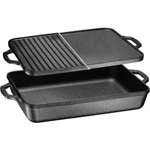 Bruntmor 3-in-1 Pre-Seasoned Cast Iron Pan with Reversible Grill Griddle Lid - 17.8"x11"x3.3" Non-Stick Multi Cooker Deep Roasting Grill Pan - Dutch Oven, Frying or Roasting Pan for Open Fire Camping (Square)