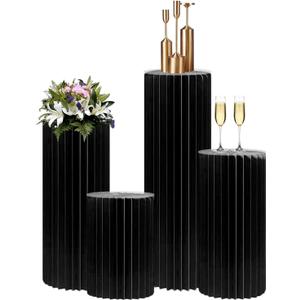 4Pack Cylinder Stands for Party, Foldable Cardboard Columns with 4 Clear Round Top Plates, Cake Display Pedestal Stand for Wedding Banquet Vendor Events Decorative (Black)