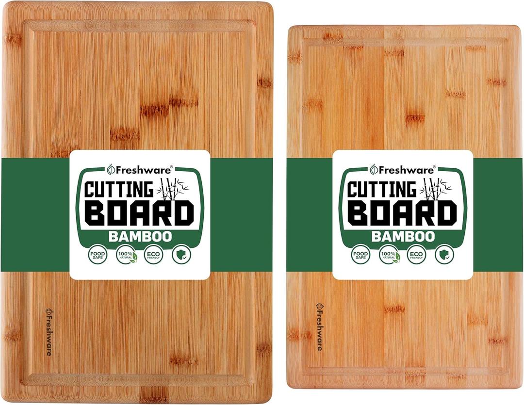 Freshware Freshware Bamboo Cutting Boards for Kitchen with Juice Groove [Set of 2] Wood Cutting Board for Chopping Meat, Vegetables, Fruits, Cheese, Knife Friendly Serving Tray with Handles (Set of 2 (12 x 8, 15 x 10 in))