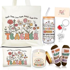 Funnymoom 6 Pcs Teacher Gifts from Students End of Year Teacher Appreciation Gifts Set with 17 oz Glass Cup Canvas Tote Makeup Bag for Graduation Birthday Thanksgiving Retirement