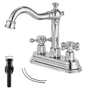 Chrome Bathroom Faucet GGStudy 2 Handles 4 Inches Centerset Bathroom Vanity with Drain Assembly and Supply Hose Lavatory Faucet Mixer Double Handle Tap