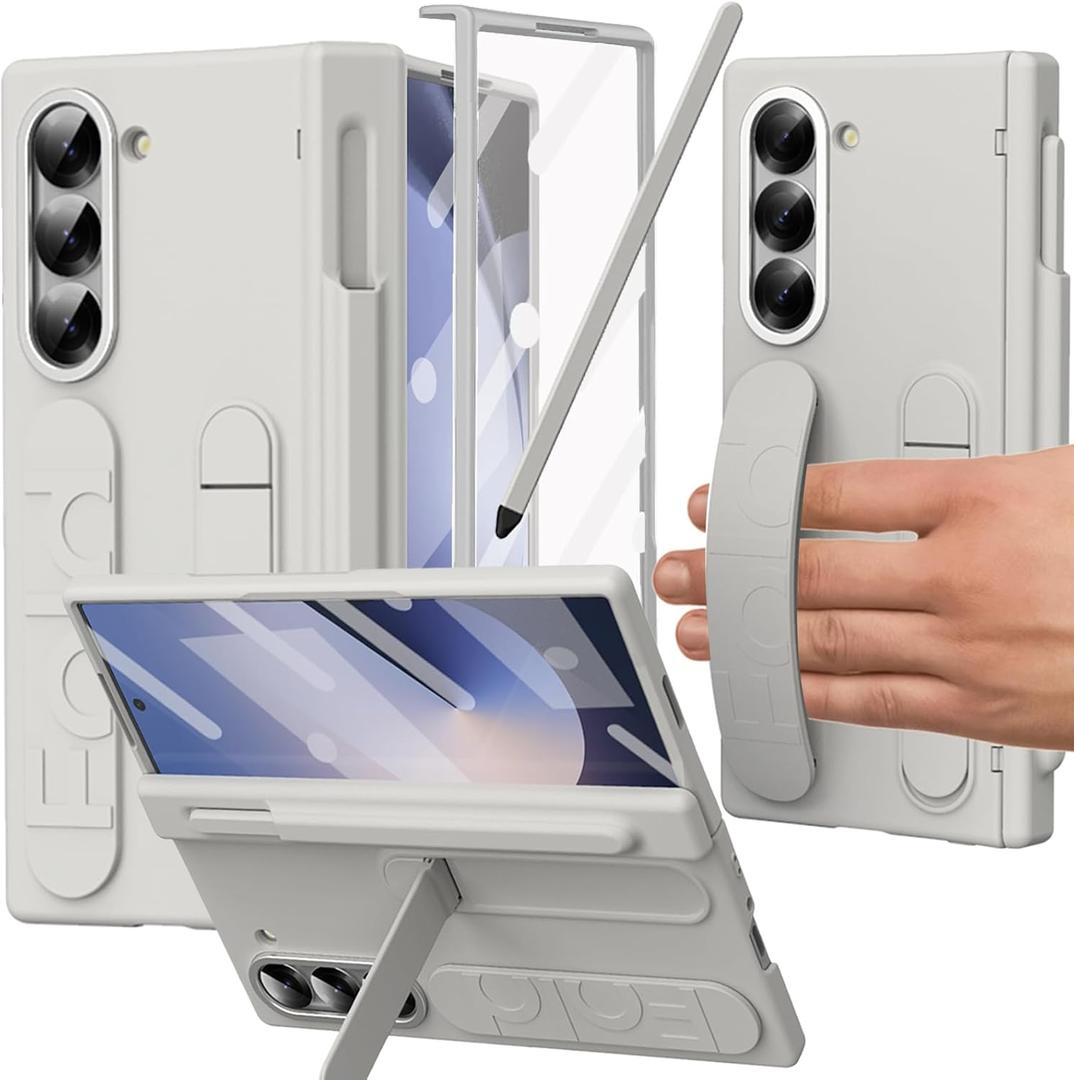 for Samsung Galaxy Z Fold 5 Case with S Pen Holder & Slim Stylus, Z Fold 5 Kickstand Case with Hand Strap Hinge Protection Screen Protector Raised Edge Protection Cover Case for Z Fold 5 White