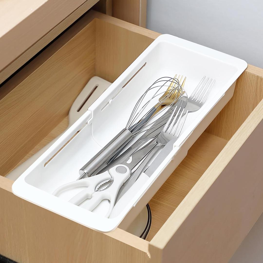 2 Pack Deep Drawer Organizer Bins, Sliding Drawer Organizer Bin Expandable and Adjustable Tray for Kitchen Utensils, BBQ Tools, Towels, Durable Plastic Sliding for Easy Storage(12.4-17.7")