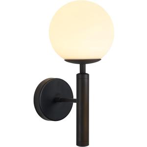 KCO Lighting Black Mid Century Modern Wall Sconce Vintage White Milk Glass Wall Sconce Globe Wall Light Bathroom Wall Light Fixture Bedroom Wall Lighting