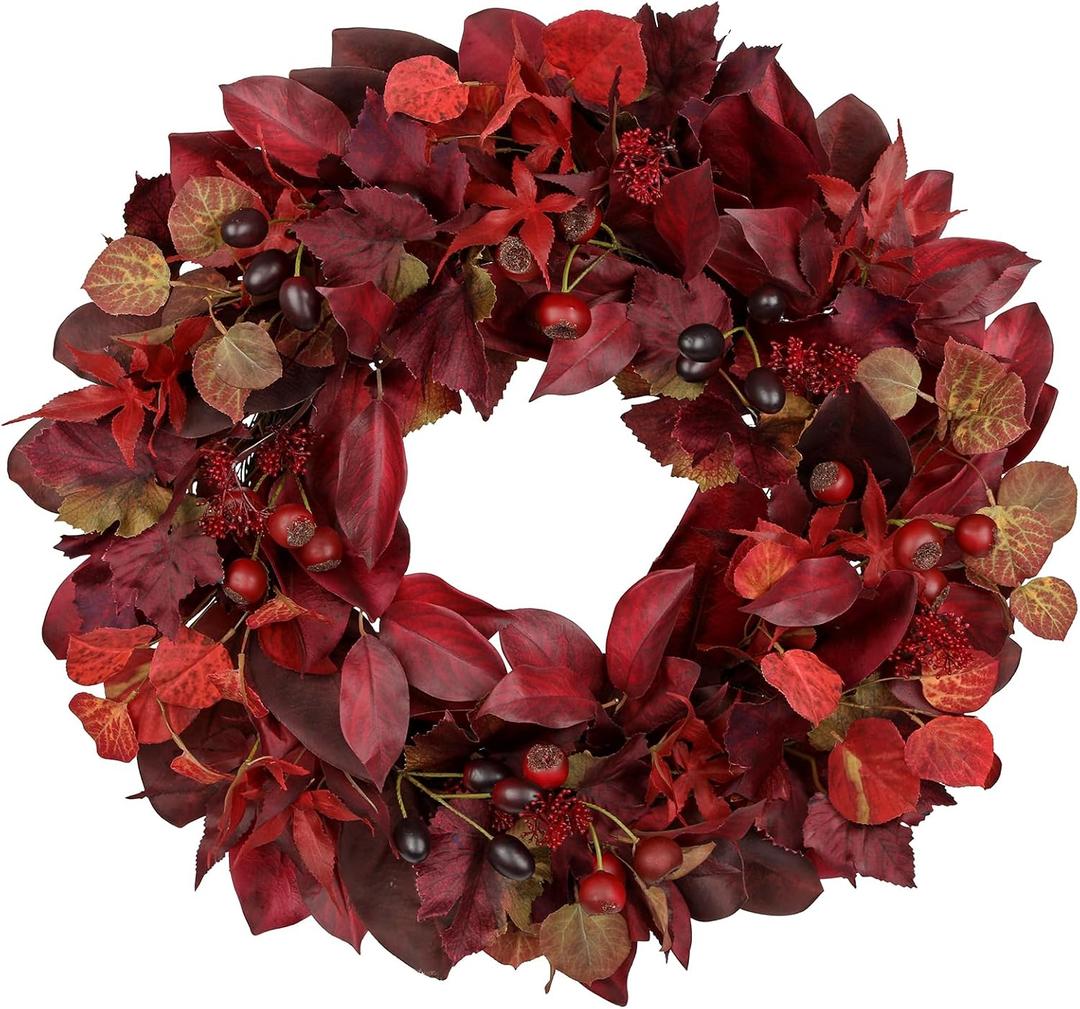 24 lnch Artificial Fall Wreath for Front Door, Large Autumn Wreath with Maple Bay Grape Leaves Berries Fall Door Wreaths for Indoor Outdoor Farmhouse Home Porch Wall Window Thanksgiving Wedding Decor