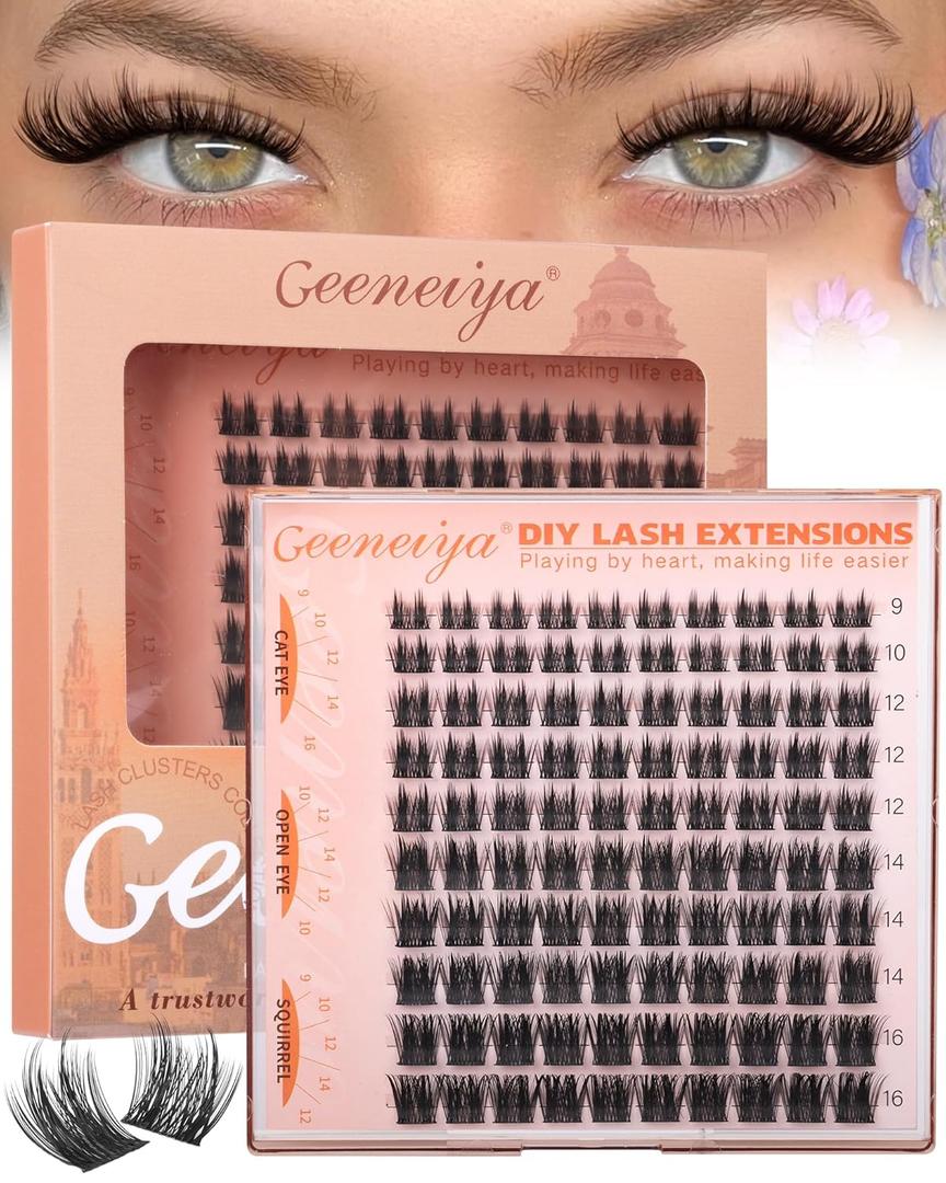 Geeneiya Wispy Lash Clusters, 9-16MM Natural Eyelash Clusters, DIY Cluster Eyelash Extensions, C Curl Lashes Clusters for Beginners