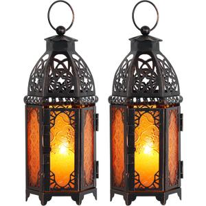 Set of 2 Moroccan Lanterns Decorative Indoor & Outdoor, 11 Medium Size Vintage Metal Hanging&Tabletop Candle Holder Decor, Halloween Christmas Ramadan Decorations for Home (Amber)