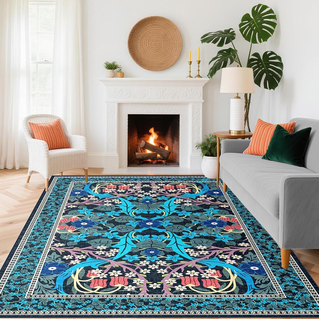 FJKJHKGJ 8x10 Area Rugs for Living Room, Washable Rug Floral Vintage Rugs for Bedroom Non Slip Low Pile Large Blue Boho Carpet Indoor Kitchen Dining Room Office Playroom Floor Mat
