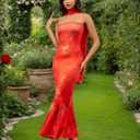 Women Floral Strapless Maxi Dress Sexy Backless Flowy Bodycon Tube Long Dress with Scarf (Red, L)