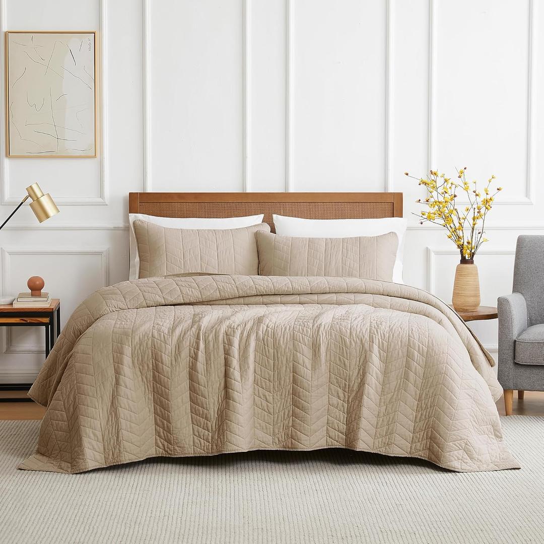 palassio Dark Beige Cotton Quilt King Size Bedding Sets with Pillow Shams, Lightweight Soft Bedspread Coverlet, Quilted Comforter Bed Cover for All Season, 3 Pieces, 106x96 inches