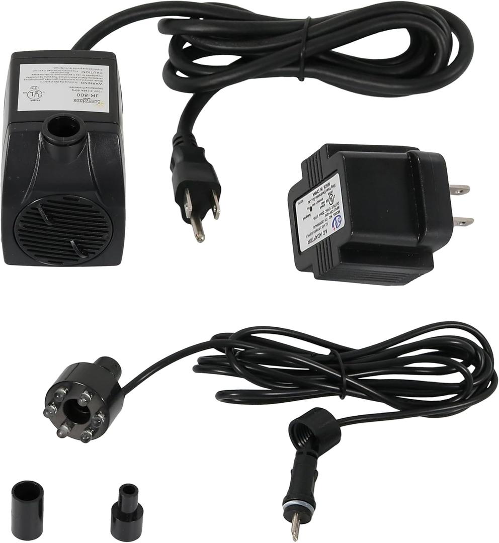 Sunnydaze 200 GPH Submersible Water Pump  12W, 12V Small Fountain Pump with Adjustable Flow, White LED Light & Transformer for Outdoor Fountains, Bird Baths, Aquariums