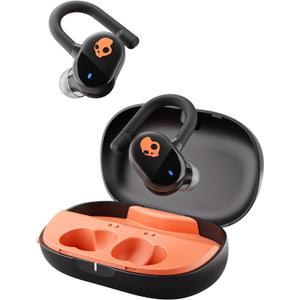 Skullcandy Push Play Active Wireless Earbuds, Bluetooth Headphones, Noise Isolating, 34 Hrs Battery, Secure-Fit Over-Ear Hanger, Sweat Water Resistant, Microphone for iPhone Android - Black/Orange
