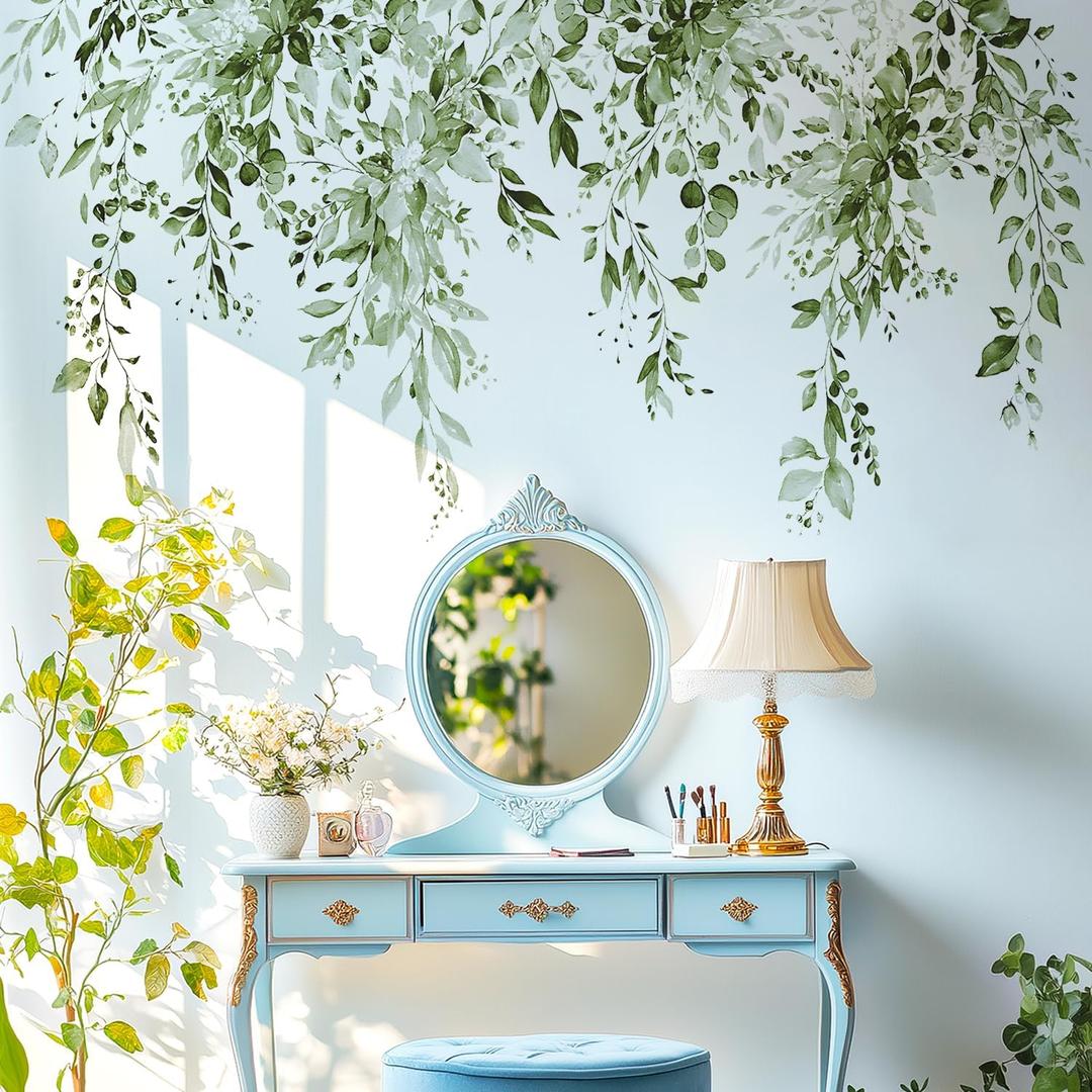 Olive Green Plants Leaves Wall Decals Peel and Stick, Large Floral Flowers Vinyl Wall Stickers, Removable Vine Home Decor Art for Bedroom Living Room Classroom Office