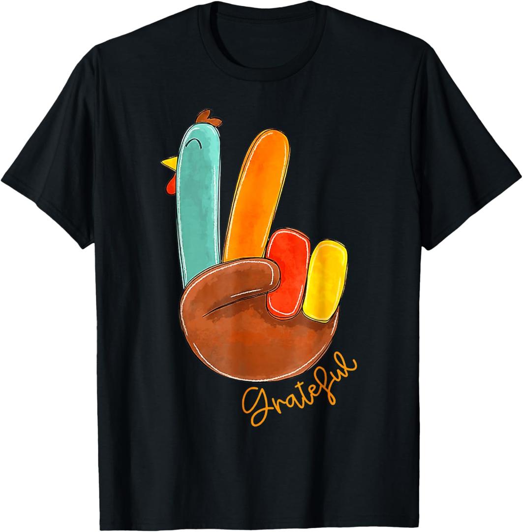Peace Sign Turkey Hand Cool Thanksgiving Hippie Men Women T-Shirt, Size-S