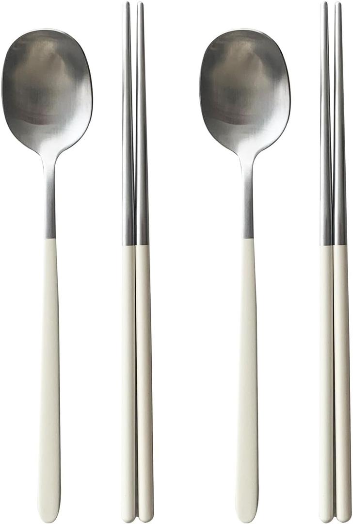 304 Stainless Steel durable Lightweight Korean-style Beautiful Cutlery Spoon and Chopsticks Set Scratch Resistant 2Pieces (Ivory+Ivory)