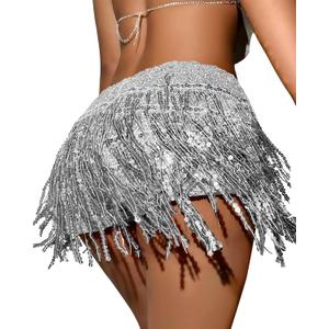 Women Tassel Skirts Shorts Sequins Hip Skirt Rave Party Halloween Cosplay Bar Belly Dance Festival Costume Nightclub Skirt (XL)