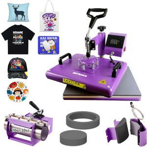 BetterSub 5 in 1 Heat Press Machine 12x15 inch, Industrial-Quality Sublimation Press with 30oz Tumbler Attachment & Curved Hat Plate, 360° Swivel Design for T-Shirts, Vinyl, DTF Film - Purple