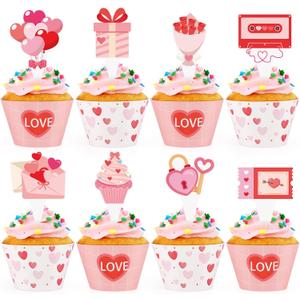 Hooqict 48Pcs Valentine's Day Cupcake Toppers and Wrappers Pink Red Heart Sweet Love Valentines Cupcake Topper Decorations for Happy Valentines Galentines Day Anniversary Birthday Party Decorations