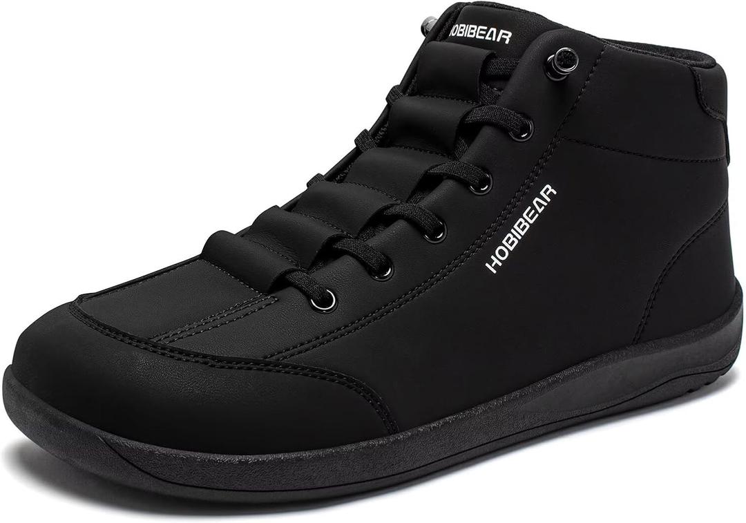 HOBIBEAR Leather Barefoot Boots Zero-Drop Wide Width Minimalist Shoes Unisex Mid Top Walking Boots (10 Wide Women/9 Wide Men, All Black)