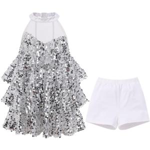 AFAVOM Girls Sequin Dance Outfit Sparkly Latin Hip Hop Jazz Dance Outfit Halter Mesh Ruffle Dress Top and Shorts Dancewear (Silver)