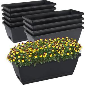 Window Box Planter, 10 Pack Plastic Vegetable Flower Planters Boxes 17 Inches Rectangular Flower Pots with Saucers for Indoor Outdoor Garden, Patio, Home Decor (Black)