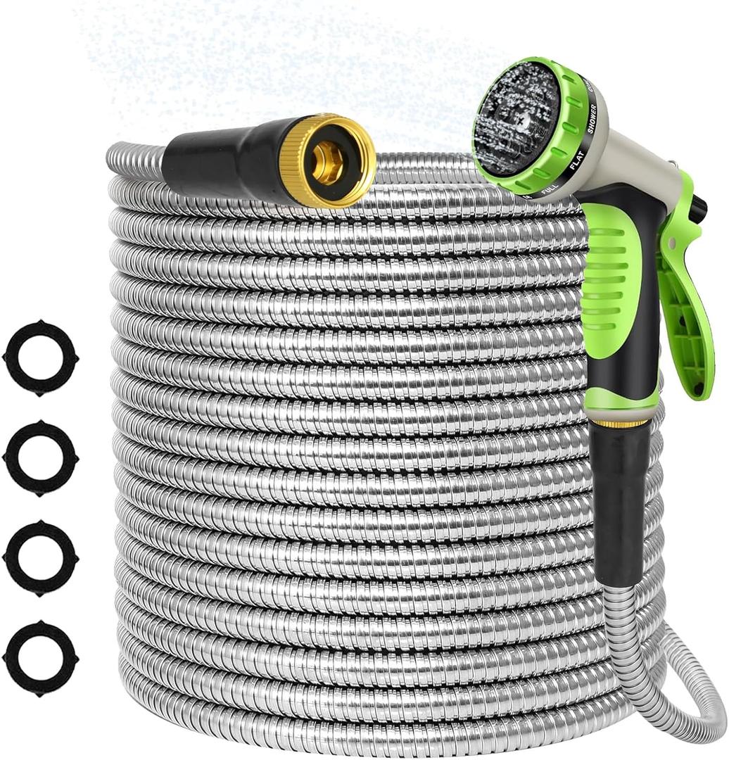 Stainless Steel Metal 25FT Garden Hose Lightweight, Puncture & Rust Proof Heavy Duty Water Hose for Yard, RV, Garden, Outdoor