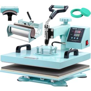 VEVOR Heat Press 15x15 inch, 5 in 1 T-Shirt Cap Hat Mug Press, Combo Tumbler Heat Press for plate Sublimation, Green