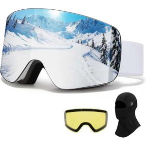 VCOROS Snowboard Ski Goggles Men Women Frameless Anti Fog OTG Snow Goggles Skating Skiing Snowmobile Detachable Lens(White Frame Silver, Polarized-Lens, Ski Mask)