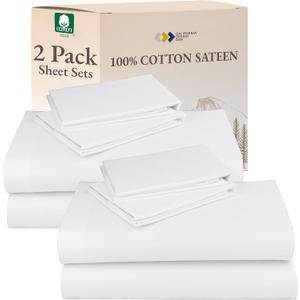 California Design Den 100% Cotton 2-Pack Full Sheet Set - Soft & Durable Sateen, Deep Pocket Full Size Bed Sheets (White) (01 - Bright White)