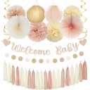 Champagne-Gold Beige Fall Baby-Shower Party-Decorations - 36pcs Welcome Home Banner Sign,Neutral Paper Lanterns,Girl Streamers Garland,Boho Hanging Tissue Pom Poms Flowers Fans Backdrop Decor Burgleda