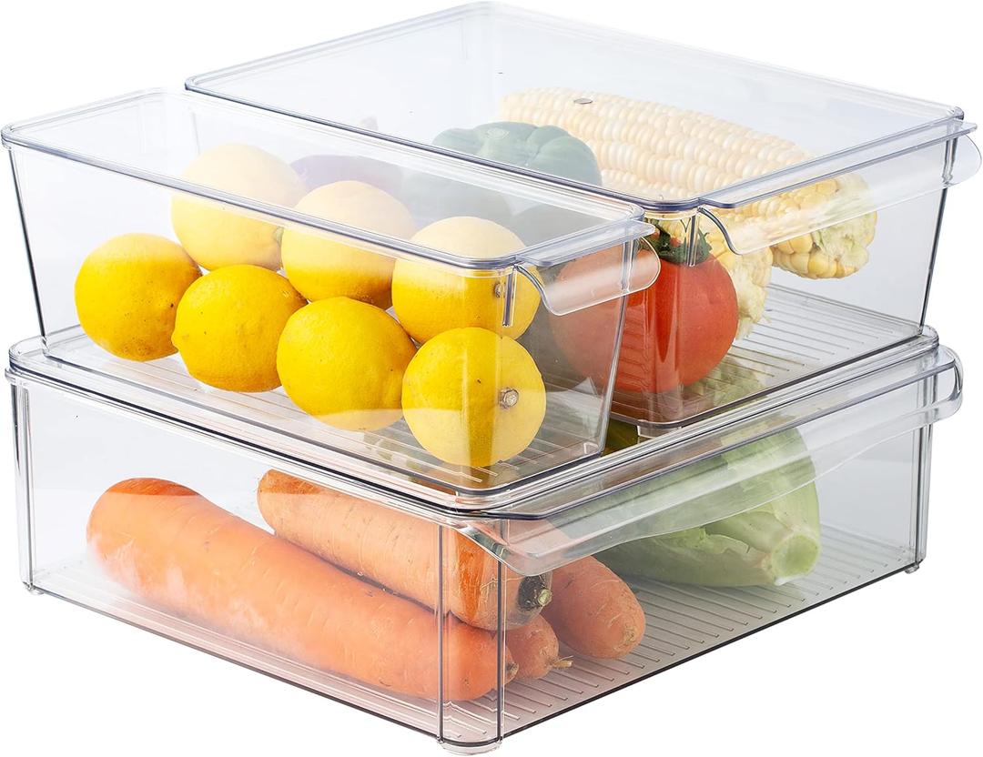 SIMPLEMADE Clear Refrigerator Organizer Bins - Clear Bins for Fridge, Containers for Fridge and Freezer, Multipurpose Storage for Kitchen, Office, Bathroom, Pack of 3 (Design 2)
