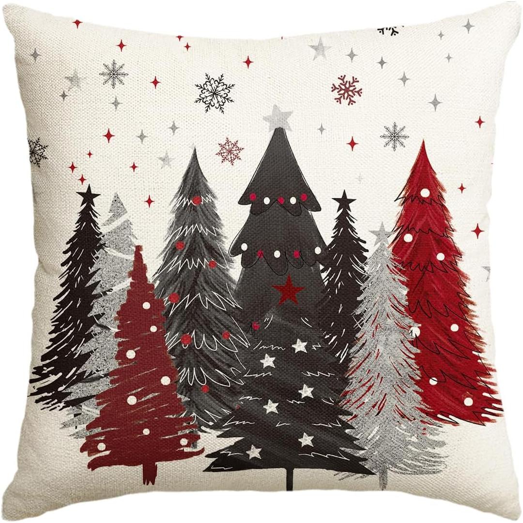 AVOIN colorlife Red and Black Merry Christmas Trees Snowflake Throw Pillow Cover, 18 x 18 Inch Seasonal Winter Holiday Cushion Case Decoration for Sofa Couch (White)