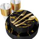 JOLLY PARTY 180PCS Disposable Dinnerware Set 30 Guest, 60 Black and Gold Plastic Plates, 30 Silverware, 30 Plastic Cups, Marble Design Dinnerware for Halloween, Wedding and Parties