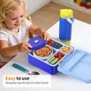 Bento Box for Kids, Lunch Box with Sticker and Leak-Proof Vacuum Food Jar, 4 Compartment BPA-Free Toddler Bento Box for School, Machine-Washable and Removable Compartments for Boy(Blue)