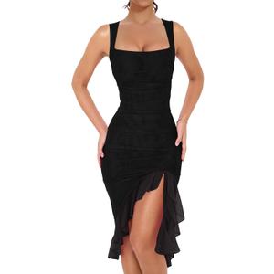 BORIFLORS Women's Sexy Ruched Bodycon Midi Dresses Square Neck Sleeveless Ruffle Hem Club Party Tank Dress (Medium, Black)