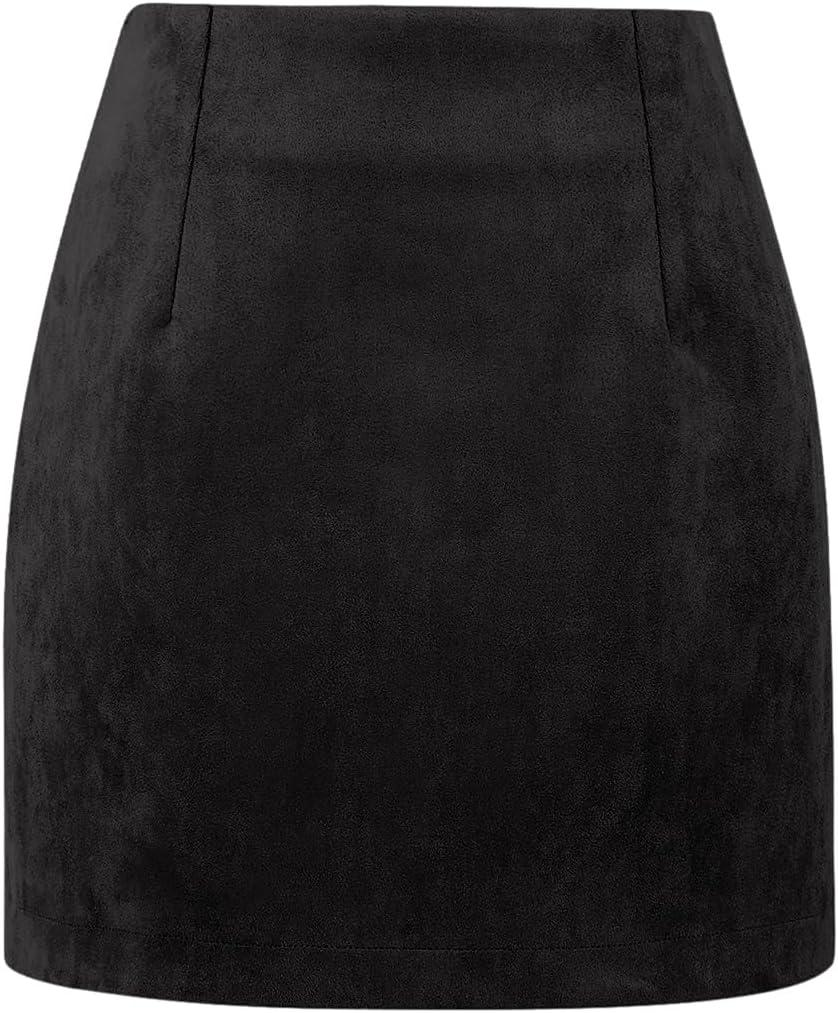 IDEALSANXUN Womens High Waist Plaid Skirt Bodycon Pencil Wool Mini Skirts (Large, Suede Black)
