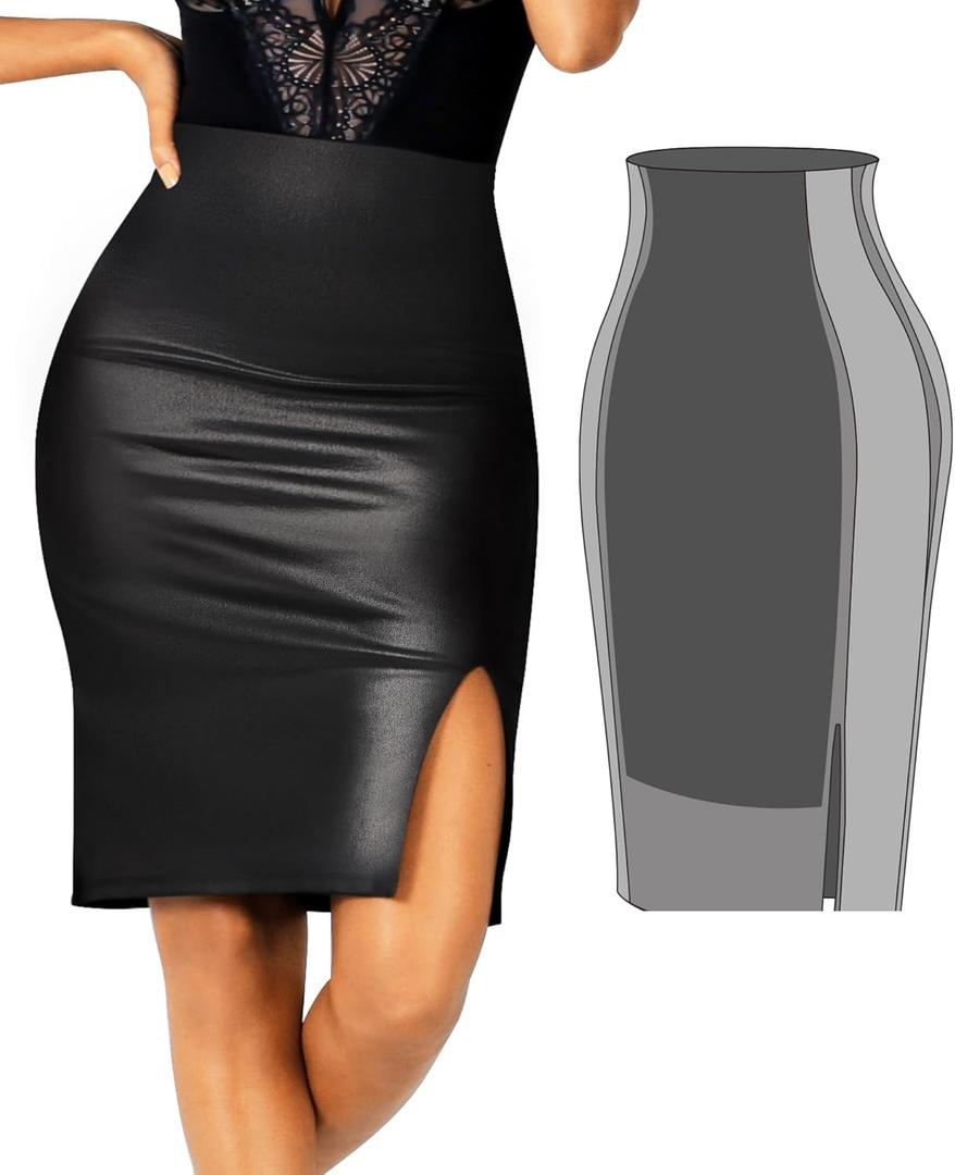 Popilush Faux Leather Skirts with Built in Mesh Shapewear Tummy Control High Waist Midi Skirt with Shaper for Women (Medium, Black)