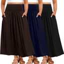 Ficerd 3 Pack Plus Size Maxi Long Skirts for Curvy Women, Ankle Length a Line Pleated High Waisted Summer Skirts with Pocket 5XL